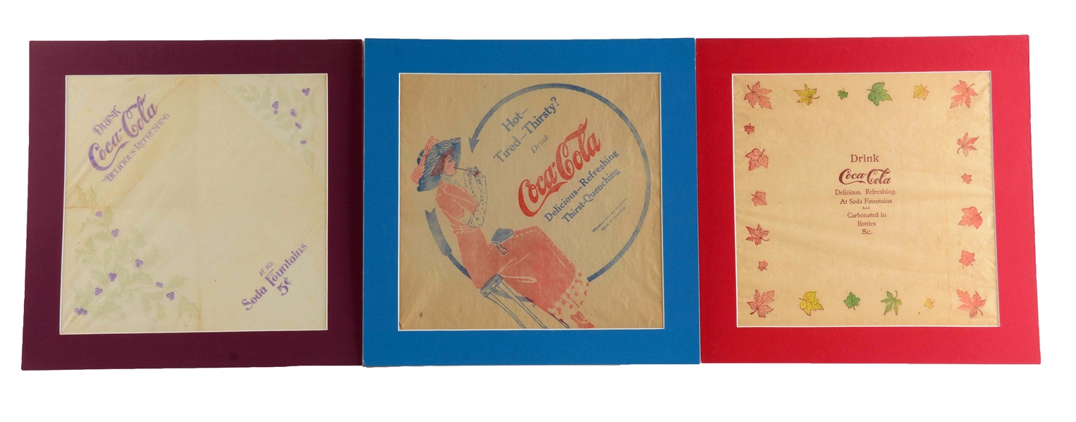 LOT OF 3: EARLY COCA - COLA NAPKINS. 