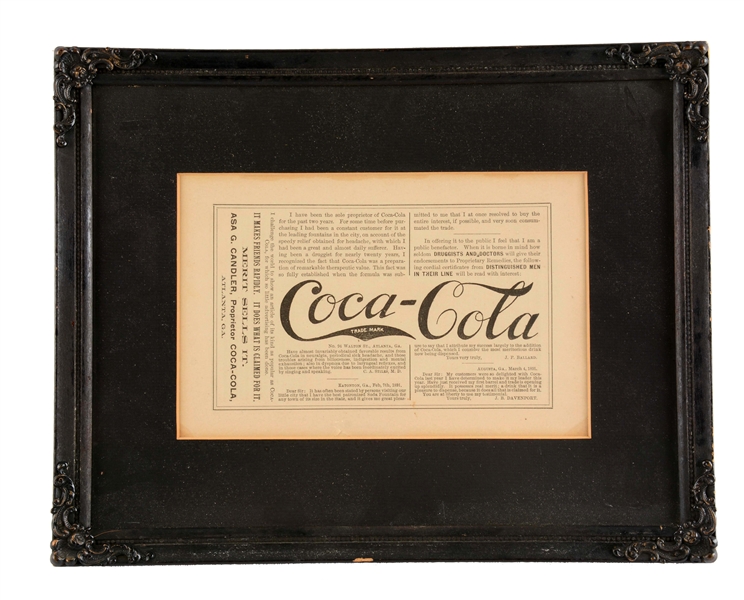 1893 COCA - COLA ASA CANDLER ADVERTISEMENT.