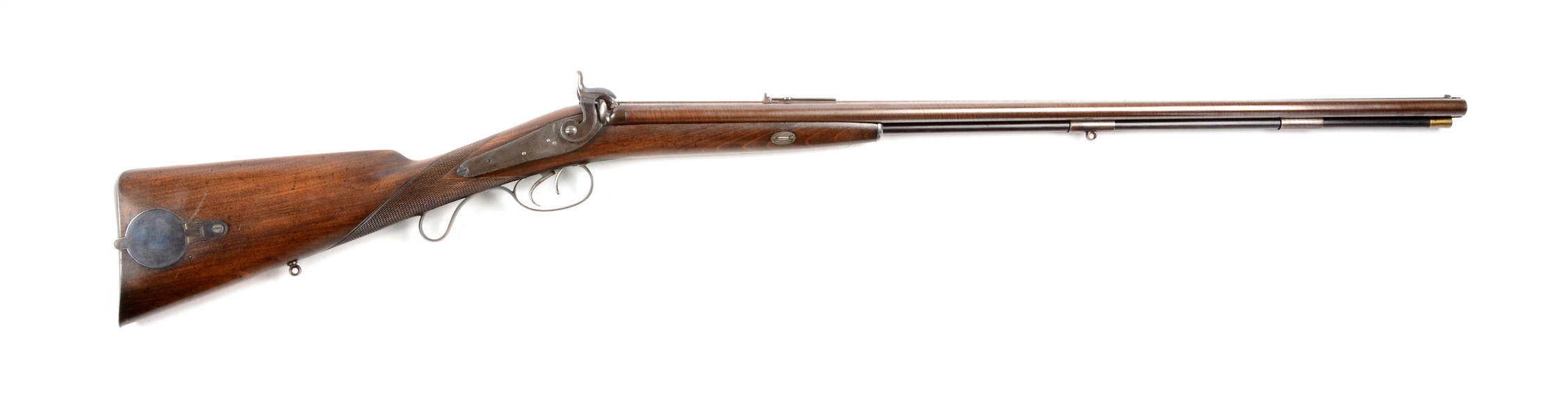 (A^) PERCUSSION LANCASTER PATENTED SMOOTHBORE DOUBLE RIFLE.