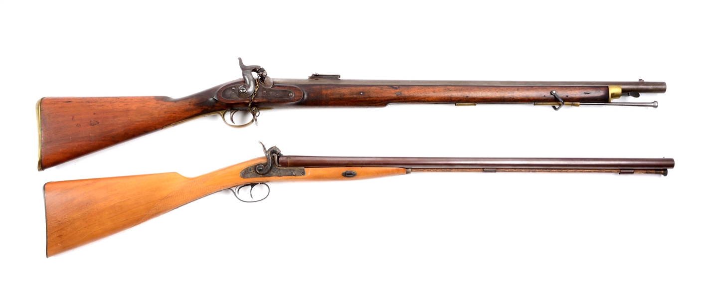 (A) LOT OF 2: BRITISH ENFIELD RIFLED CARBINE DATED 1847 & REPRODUCTION MUZZLELOADING SHOTGUN.
