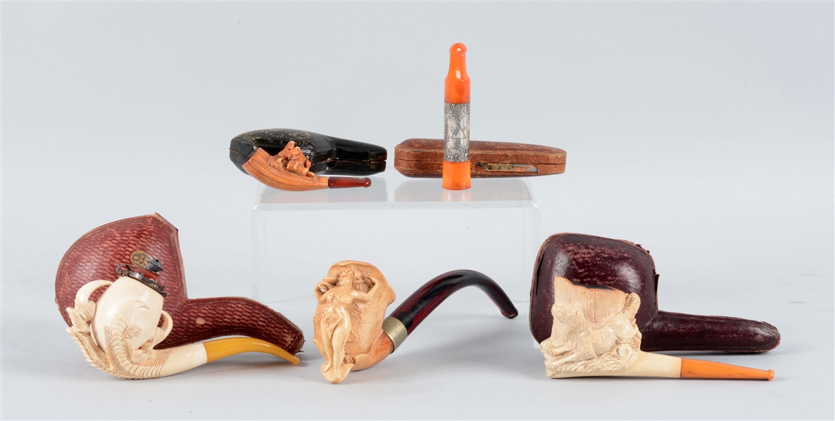 LOT OF 5: ASSORTED TOBACCO PIPES SOME IN CASES. 