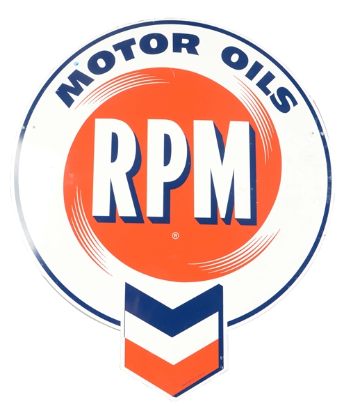 RPM MOTOR OIL DIE-CUT METAL SIGN.