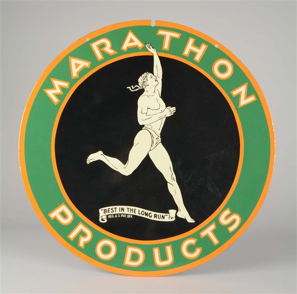 MARATHON PRODUCTS WITH RUNNER GRAPHICS PORCELAIN SIGN. 