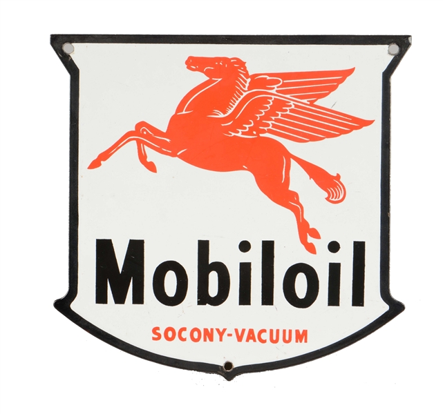 MOBILOIL SOCONY-VACUUM WITH PEGASUS SHIELD SHAPED PORCELAIN SIGN.