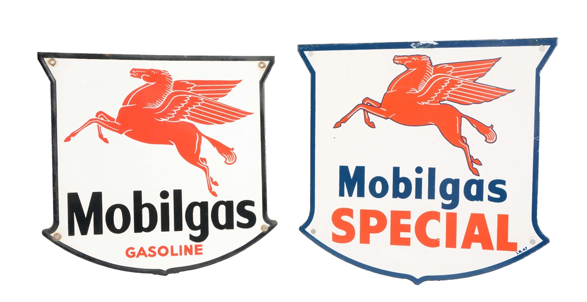 LOT OF 2: MOBILGAS SPECIAL & MOBILGAS WITH PEGASUS SHIELD SHAPED PORCELAIN SIGNS.
