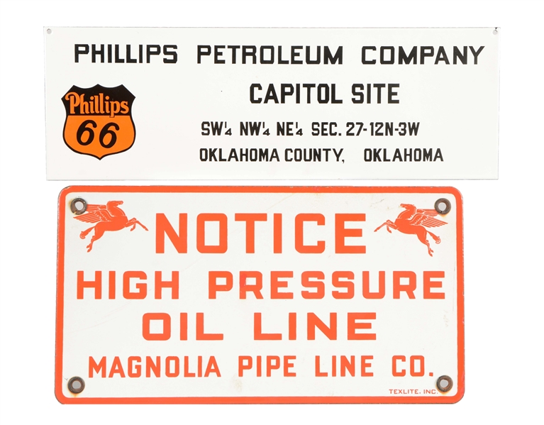 LOT OF 2: PHILLIPS 66 & MAGNOLIA PIPE LINE PORCELAIN SIGNS.