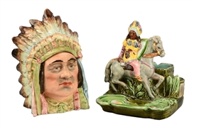 LOT OF 2: MAJOLICA INDIAN TOBACCO HOLDER AND INDIAN HUMIDOR.