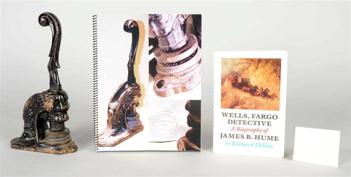 JAMES B HUME WELLS FARGO EMBOSSING SEAL WITH BOOK. 