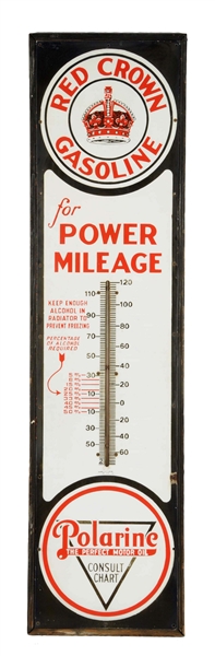 RED CROWN GASOLINE "FOR POWER MILEAGE" PORCELAIN THERMOMETER.