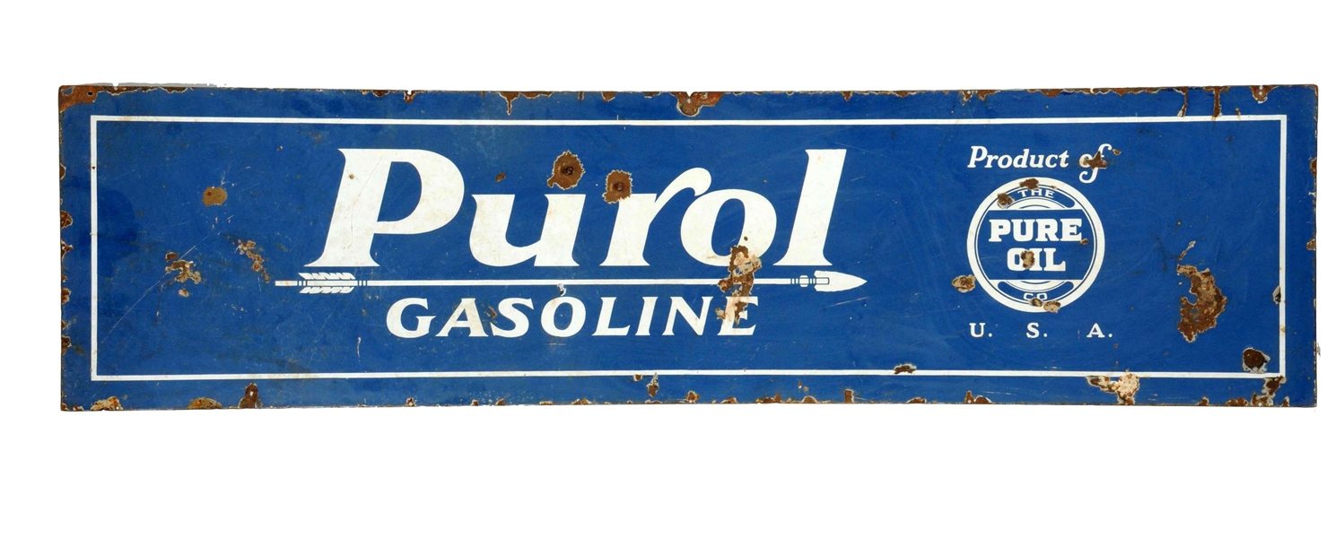 PUROL GASOLINE W/ ARROW LOGO PORCELAIN SIGN.