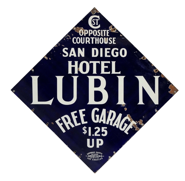 LUBIN HOTEL SAN DIEGO FREE GARAGE PORCELAIN SIGN.