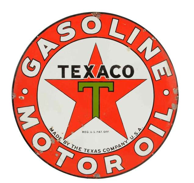 TEXACO (BLACK-T) GASOLINE MOTOR OIL PORCELAIN SIGN.