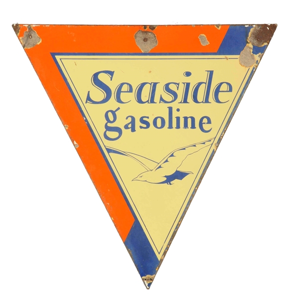 SEASIDE GASOLINE W/ LOGO TRIANGLE SHAPED PORCELAIN SIGN.