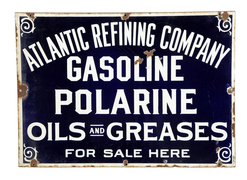 ATLANTIC REFINING CO. GASOLINE "FOR SALE HERE" PORCELAIN SIGN.