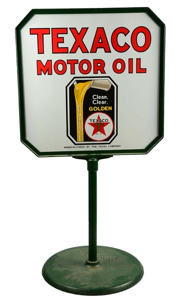 TEXACO (BLACK-T) MOTOR OIL CLEAN, CLEAR, GOLDEN DIECUT PORCELAIN SIGN.