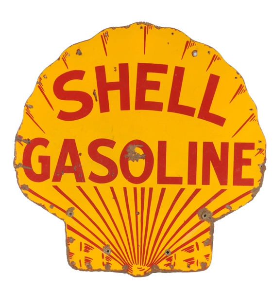 SHELL GASOLINE CLAM SHAPED PORCELAIN SIGN.