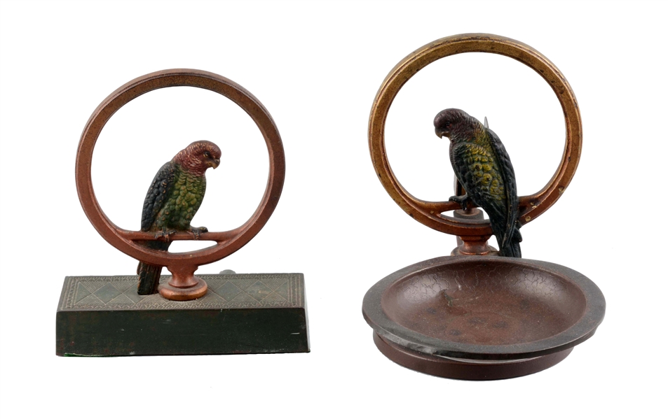 LOT OF 2: CAST IRON PARROT IN RING DOORSTOP & SMOKING STAND.