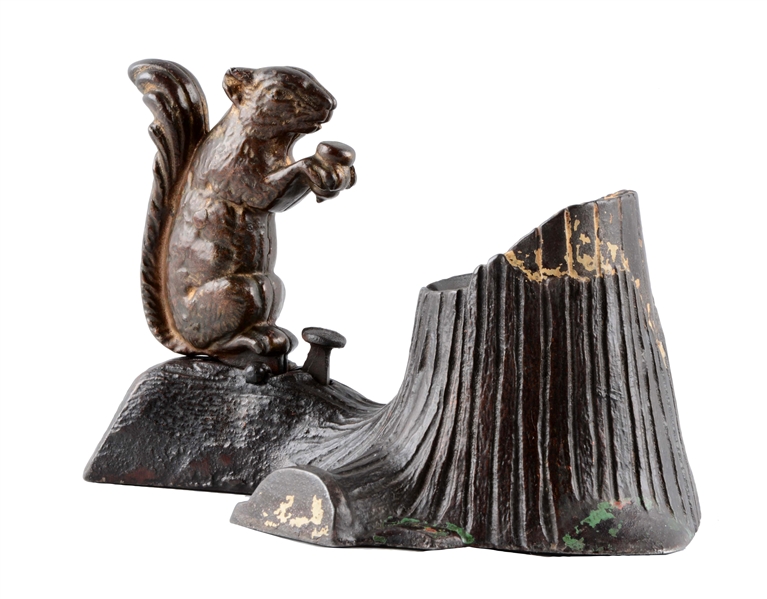 SQUIRREL AND TREE STUMP MECHANICAL BANK. 