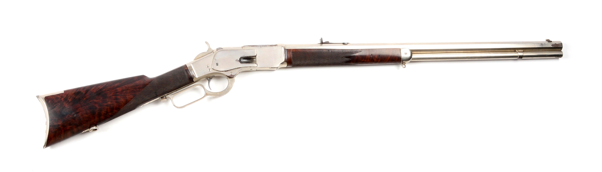 (A) DELUXE FULL PLATE FIRST MODEL WINCHESTER 1873 LEVER ACTION RIFLE.