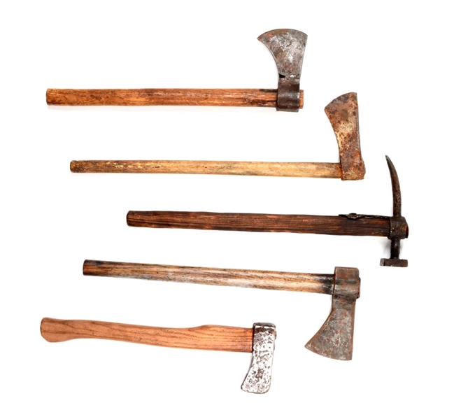 LOT OF 4: EARLY AXES ON HAFTS TOGETHER WITH AN EXCAVATED WAR HAMMER WITH STEEL HEAD. 