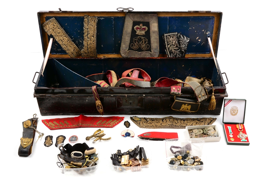 BRITISH OFFICERS TRUNK WITH SABERTACHE & PERIOD BELTS WITH HAT PARTS.