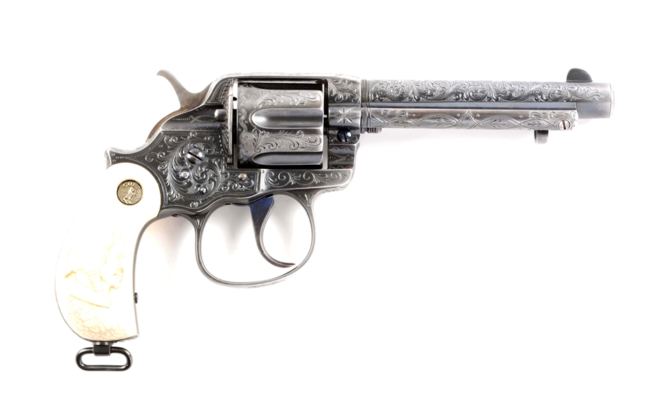 (A) NEW YORK STYLE ENGRAVED COLT MODEL 1878 WITH CARVED GRIPS & PRESENTATION.