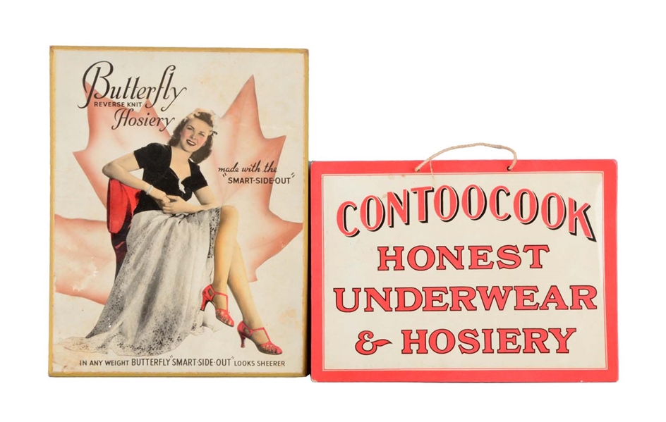 LOT OF 2: BUTTERFLY & CONTOOCOOK HOSIERY SIGNS