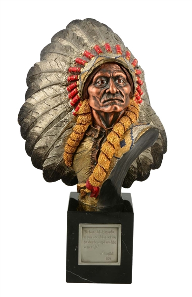 BRONZE SITTING BULL BUST STATUE ON MARBLE BASE. 