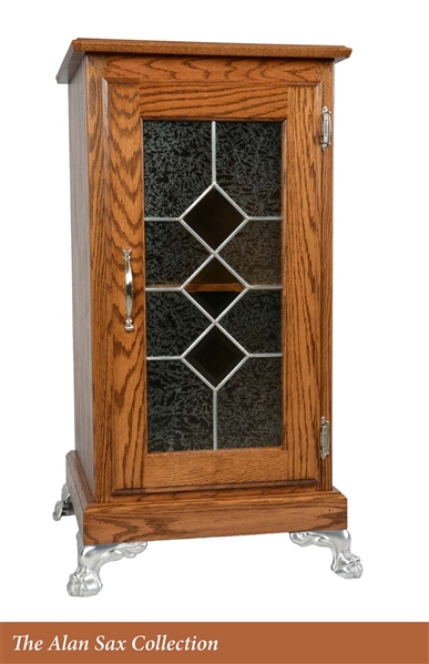 GLASS FRONT OAK SLOT MACHINE STAND.