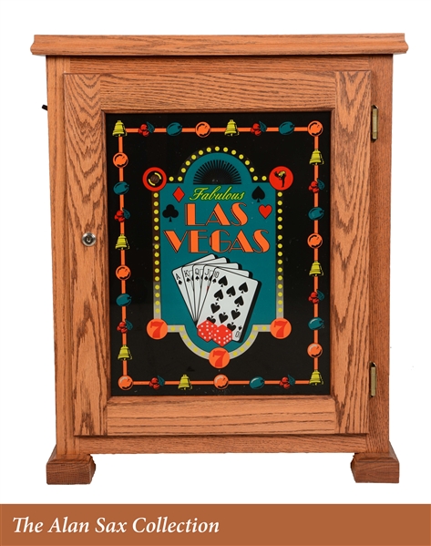LIGHTED GLASS FRONT OAK SLOT MACHINE STAND. 