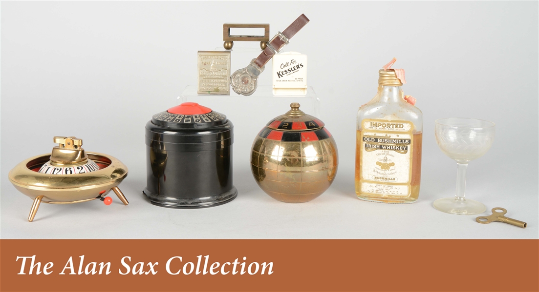 LOT OF 8: ASSORTED GAMBLING AND LIQUOR ITEMS.