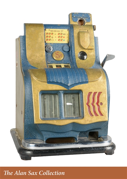 **5¢ MILLS QT BLUE & GOLD SLOT MACHINE. 