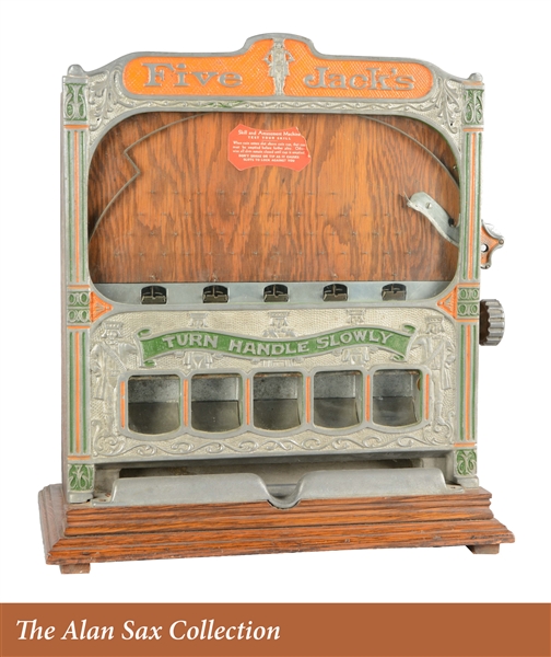 **1¢ ROCK-OLA FIVE JACKS COUNTER POCKET PAYOUT MACHINE.