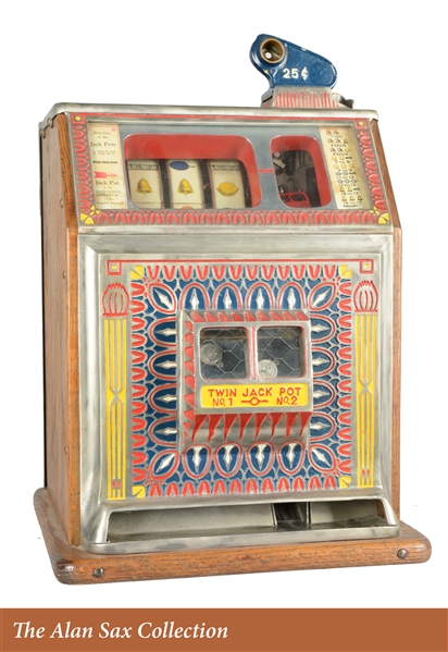 **25¢ WATLING MFG. CO. BLUE SEAL TWIN JACKPOT SLOT MACHINE.