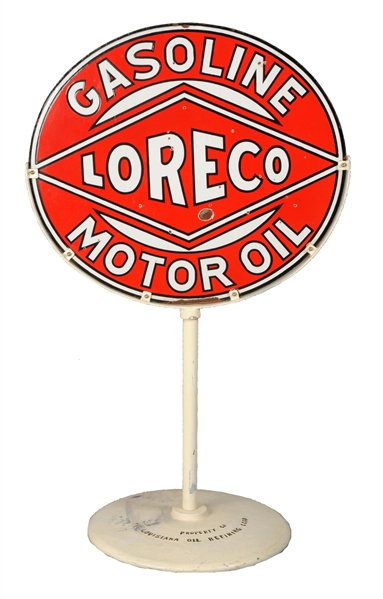 LORECO GASOLINE MOTOR OIL OVAL PORCELAIN SIGN.