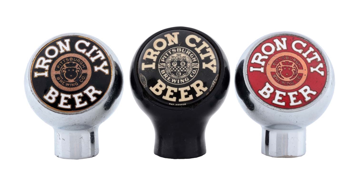 LOT OF 3: IRON CITY BEER TAP KNOBS. 
