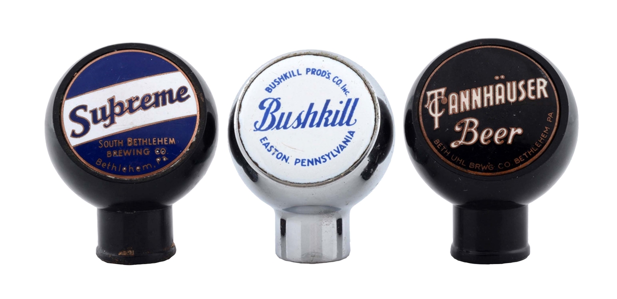 LOT OF 3: BUSHKILL, SUPREME AND TANNHAUSER BEER TAP KNOBS. 