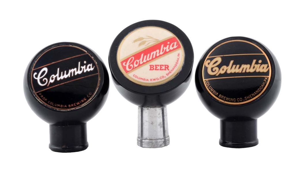 LOT OF 3: COLUMBIA BEER TAP KNOBS.