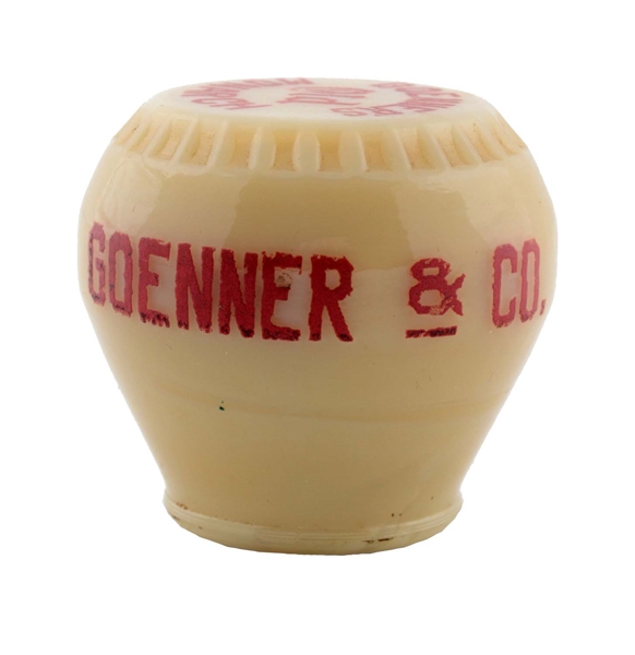 GOENNERS OLD MONARCH BEER GLASS TAP KNOB.