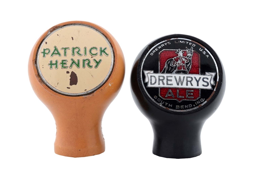 LOT OF 2: PATRICK HENRY & DREWRYS ALE BEER TAP KNOBS. 