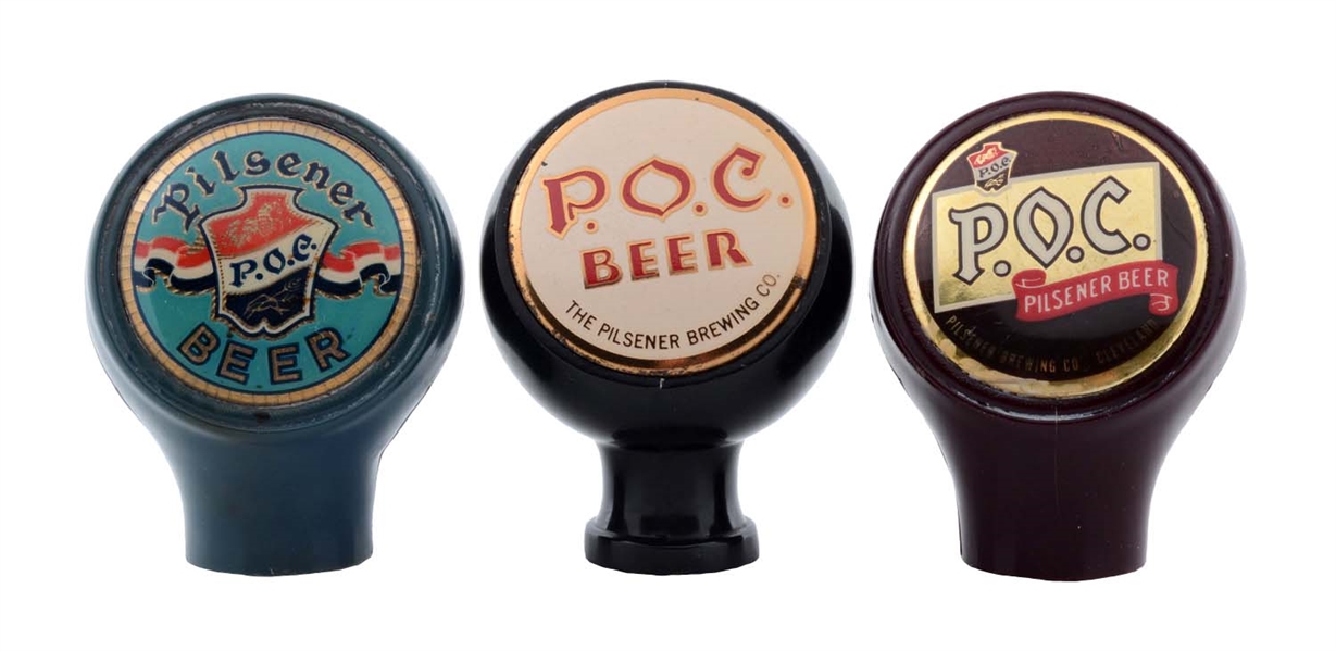 LOT OF 3: P.O.C. BEER TAP KNOBS.
