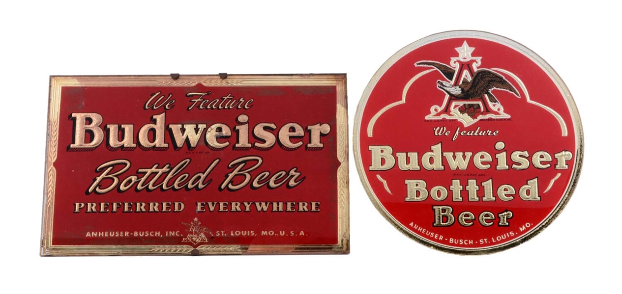 LOT OF 2: BUDWEISER BEER REVERSE ON GLASS SIGNS.