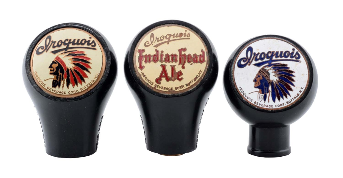 LOT OF 3: IROQUOIS BEER TAP KNOBS.
