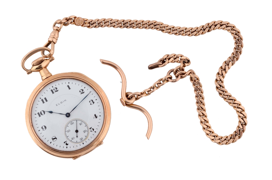 ELGIN YELLOW GOLD 14K POCKET WATCH AND CHAIN.