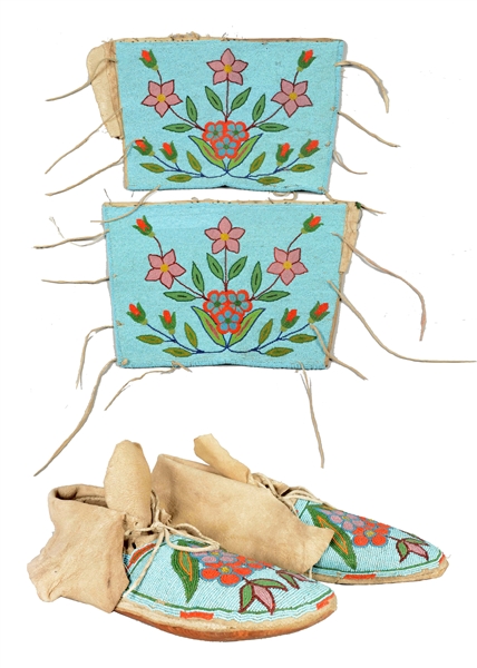 LATE CROW FLORAL BEADED CUFFS WITH BLACKFOOT FLORAL MOCCASINS.