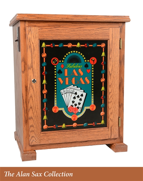 LIGHTED GLASS FRONT OAK SLOT MACHINE STAND.