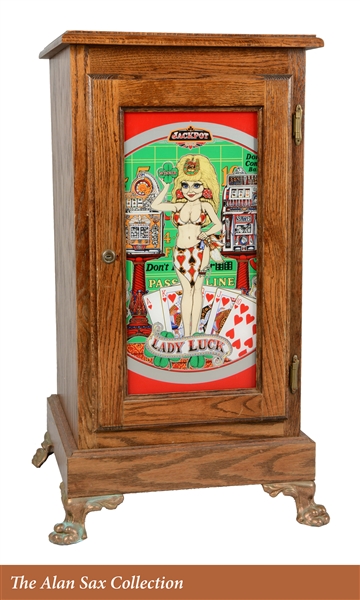 GLASS FRONT OAK SLOT MACHINE STAND.