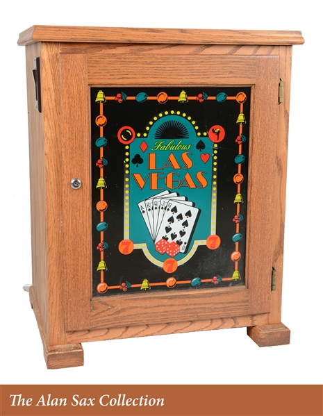 LIGHTED GLASS FRONT OAK SLOT MACHINE STAND.