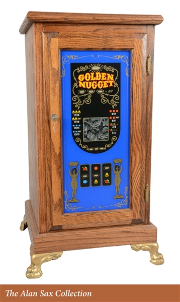 GLASS FRONT OAK SLOT MACHINE STAND.