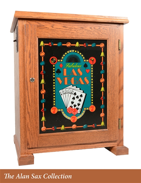 LIGHTED GLASS FRONT OAK SLOT MACHINE STAND.